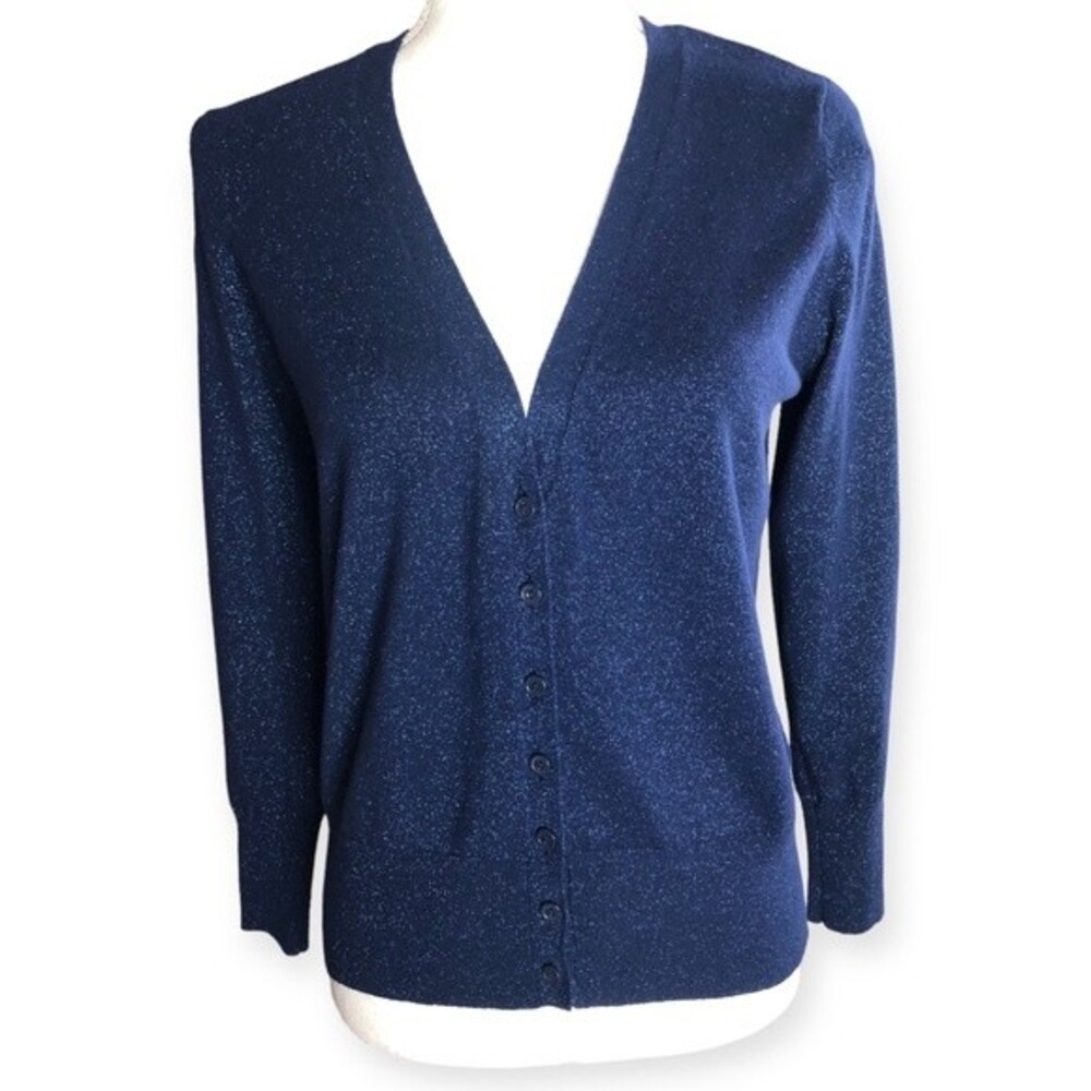 Worthington Petite Navy Blue Metallic Button Front Cardigan